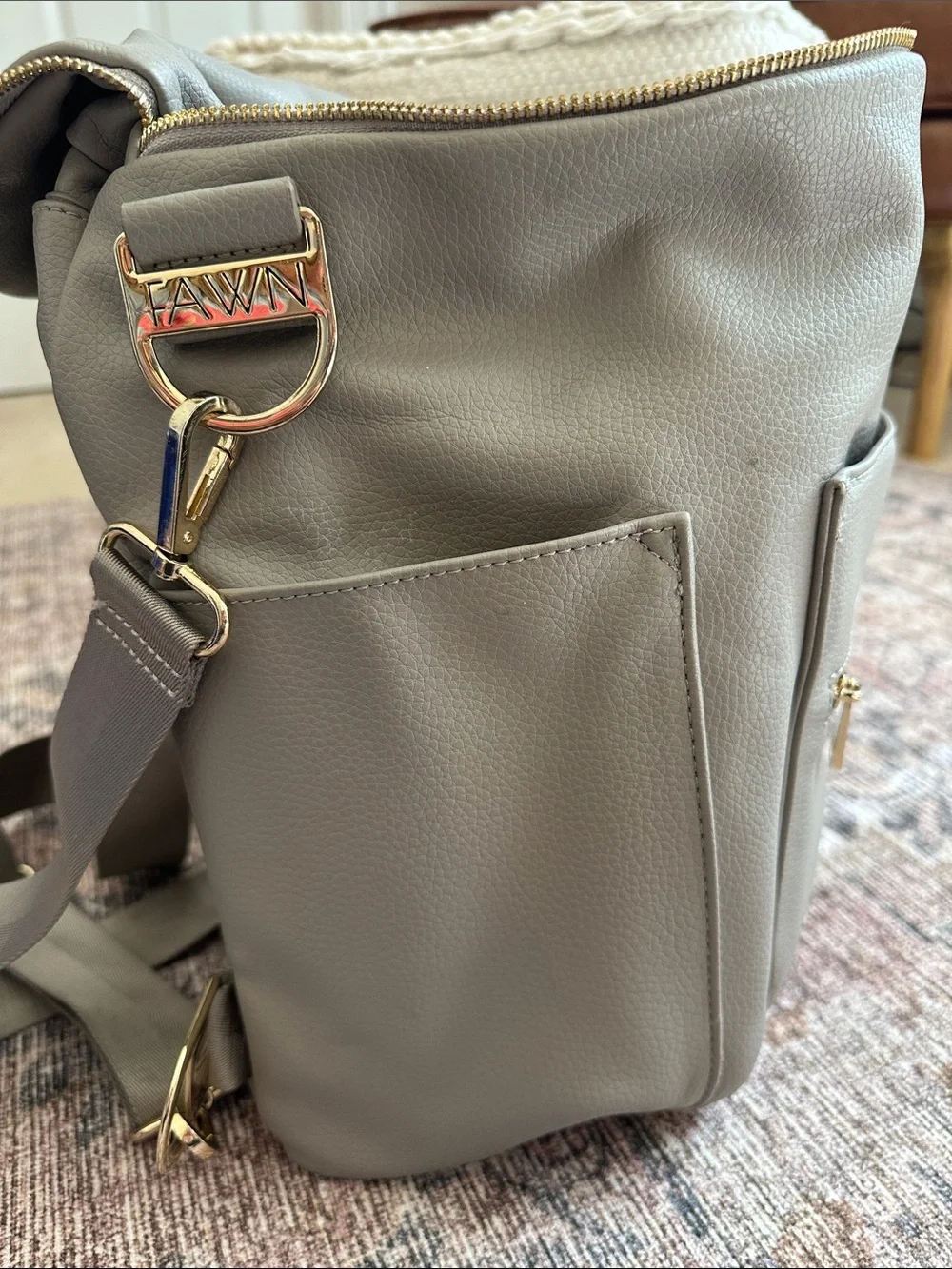 Fawn Design Light Grey Baby Bag Backpack with Gold Hardware